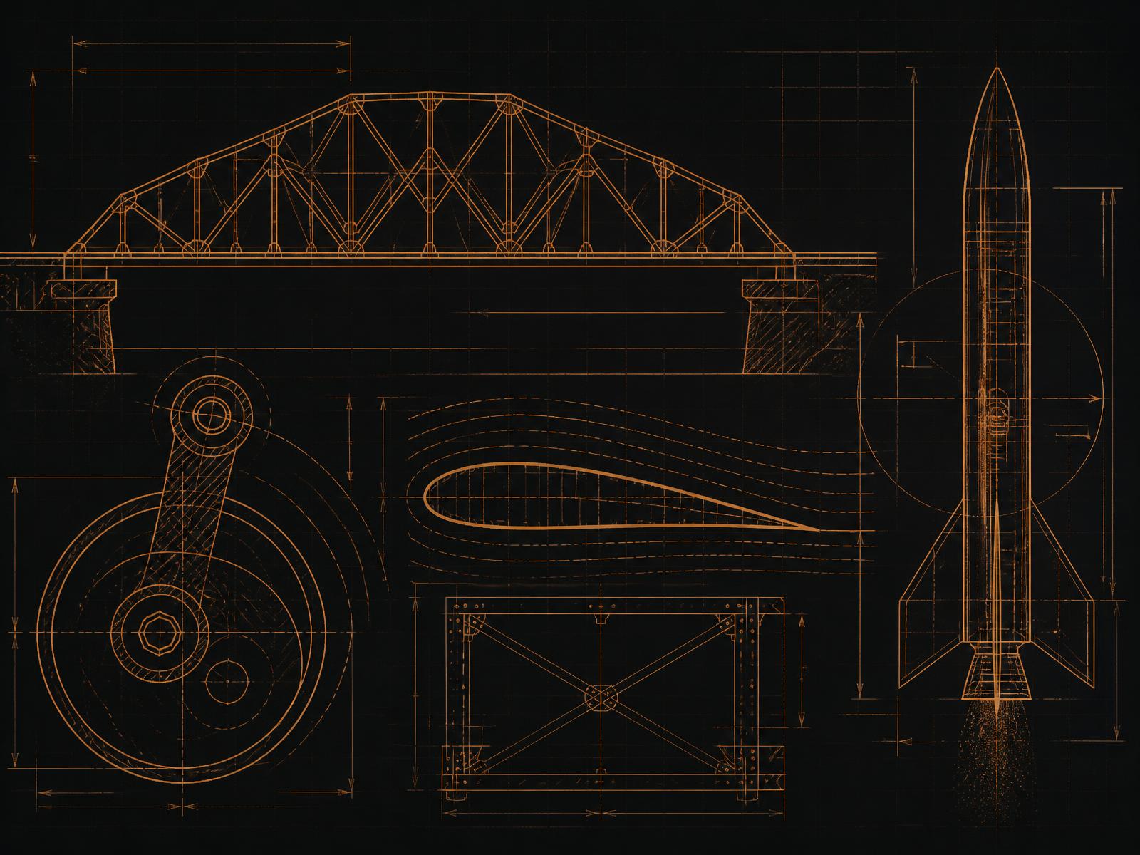 Technical blueprint drawings of a truss bridge, cam mechanism, airfoil and model rocket